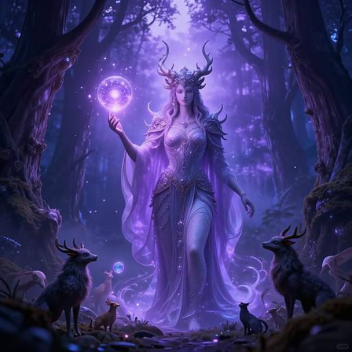 Digital fantasy artwork: Enchanted forest queen with glowing purple aura, antlered headdress, flowing dress, holding magical orb, surrounded by mystical