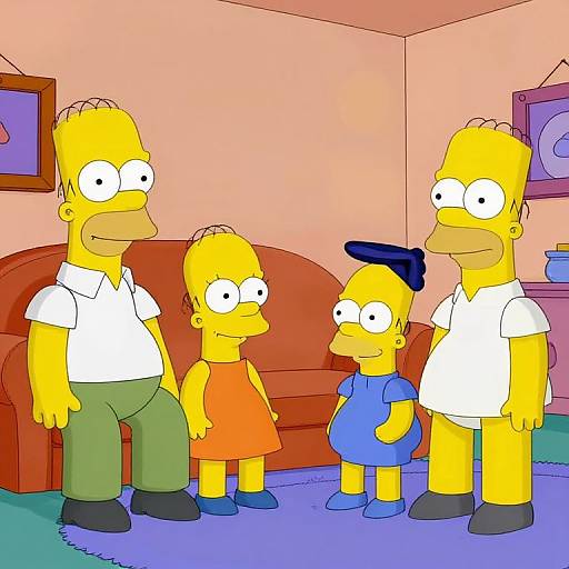 Digital drawing of the Simpson family in a living room: Dad in green pants, Mom in orange dress, Lisa in blue dress, and Homer in white