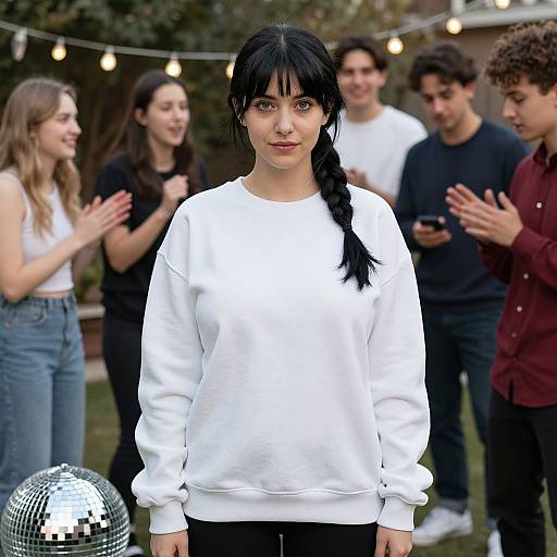 Photograph of a young woman with black braided hair, wearing a white sweatshirt, standing outdoors with friends clapping in the background. A silver