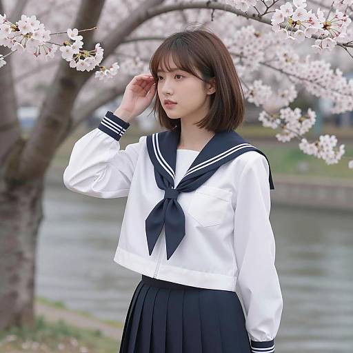 Asian Woman in Sailor Uniform by Cherry Blossoms