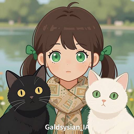 Whimsical Girl with Cats by the Lake