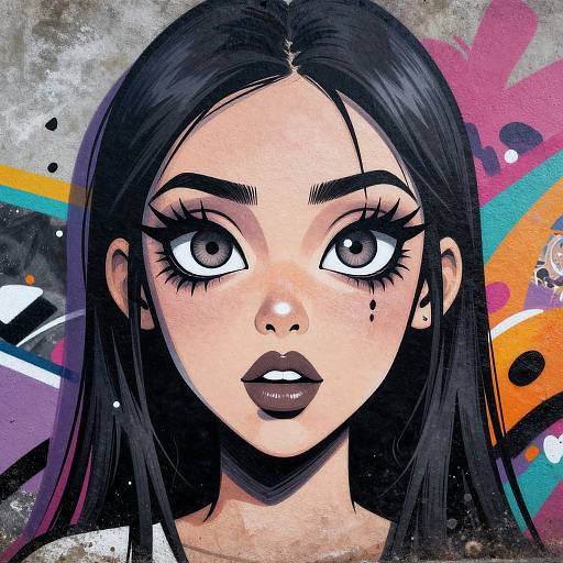 Digital pop art portrait of a young woman with large, expressive brown eyes, dark lipstick, black hair, and a colorful graffiti background.