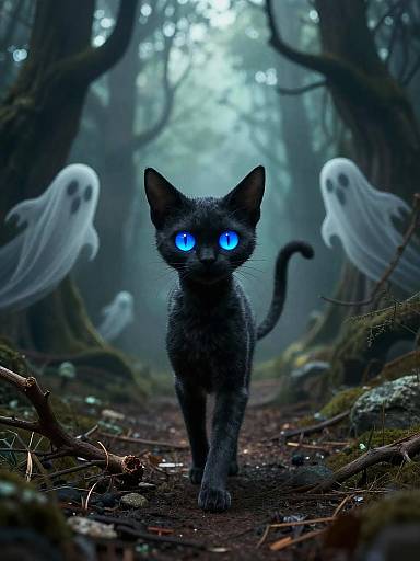 Spooky Stylized Cat in Haunted Forest