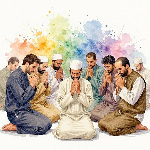 Digital painting of nine men in traditional Islamic attire, kneeling and praying with hands raised, against a colorful watercolor background.