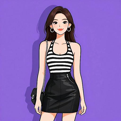 Digital anime-style drawing of a slender woman with long brown hair, wearing a black-and-white striped tank top, high-waisted black leather skirt,