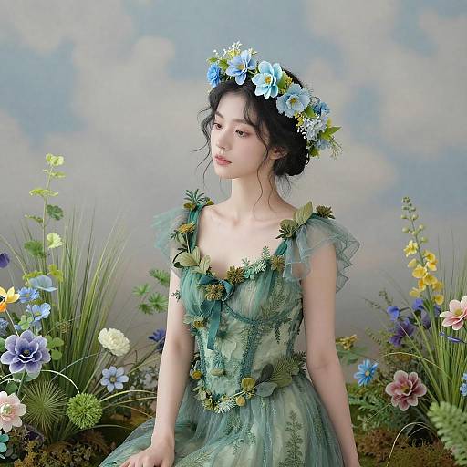 Digital painting of a fair-skinned, dark-haired woman in a green, flower-adorned dress and floral headpiece, seated amidst vibrant flowers and