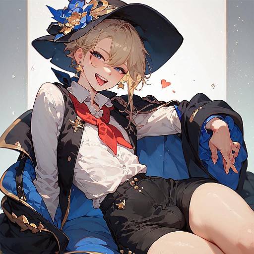 Anime-style digital drawing of a blonde, blue-eyed girl in a black witch hat, white shirt, red tie, black shorts, and blue coat,