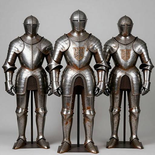 Photograph of three medieval steel plate armor suits, standing side by side, each featuring a heraldic emblem on the chest.