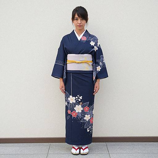 Photograph of a young Asian woman in a navy blue kimono with white and red floral patterns, white obi, and white geta sandals,