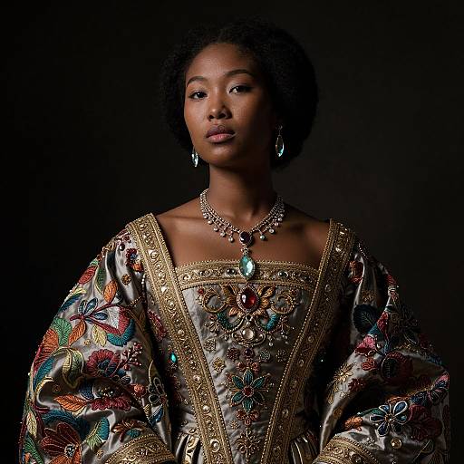 Photograph of an African woman with dark skin, wearing an elaborate, gold-embroidered, colorful silk gown with floral patterns, and a jew