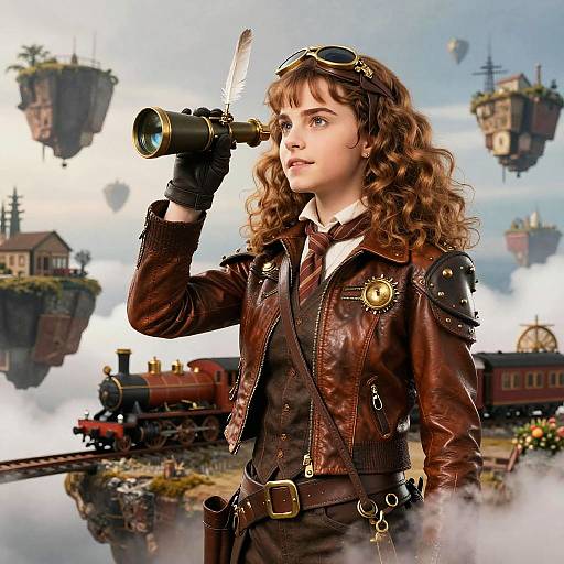 Steampunk woman with curly brown hair, brown leather jacket, goggles, and knife, looking through binoculars, fantasy floating islands and train background