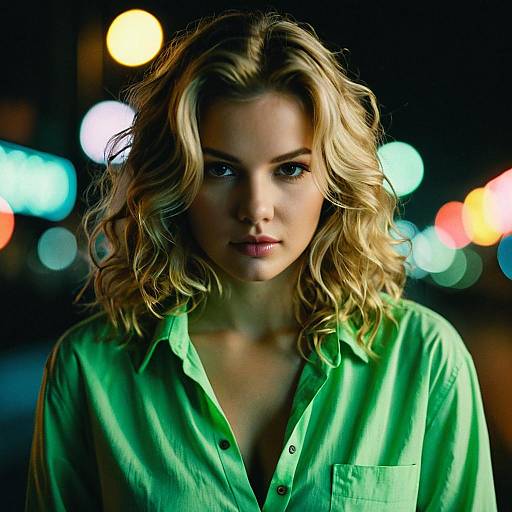 Blonde Woman in Green Shirt Night Portrait