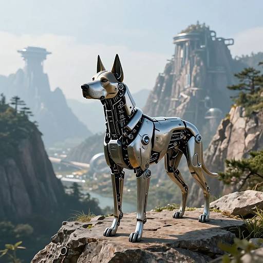 Cybernetic Dog on Futuristic Cliff