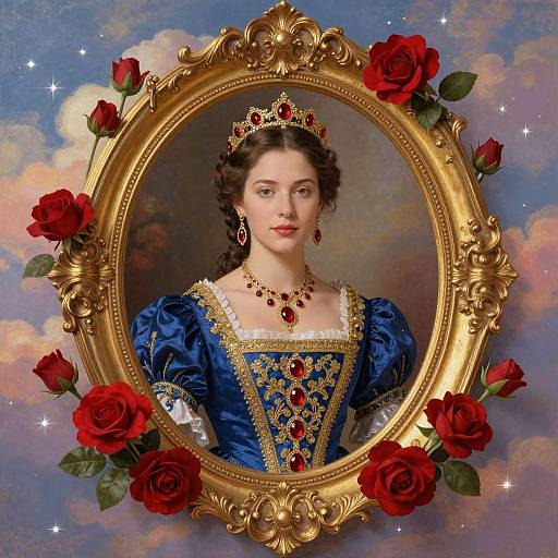 Baroque-style portrait of a fair-skinned woman in a blue, gold-embroidered gown, adorned with red roses, jewels, and a