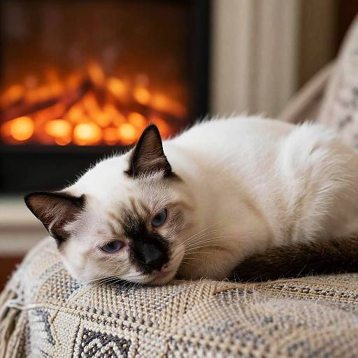 Cozy White Cat by Fireplace