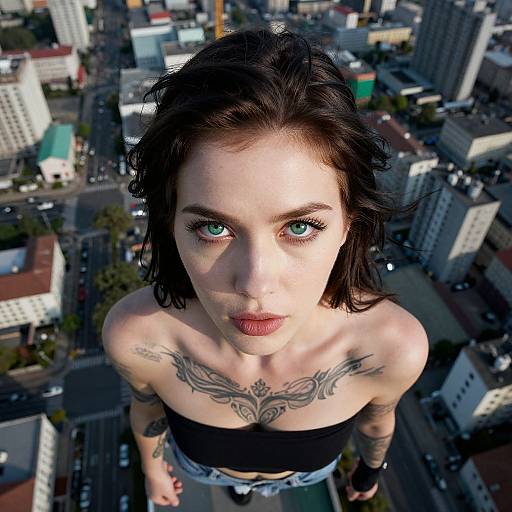 Aerial photograph of a tattooed, pale-skinned woman with blue eyes and black hair, looking up, standing among urban skyscrapers.