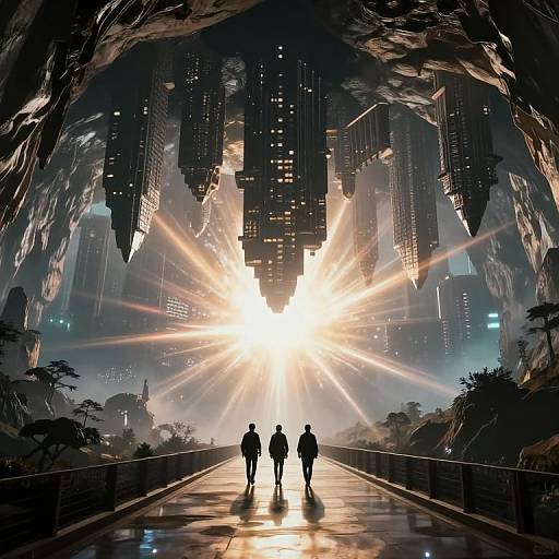 Digital art: Silhouetted figures walk on a futuristic, sunlit bridge under towering skyscrapers, with radiant light beams piercing the dark,