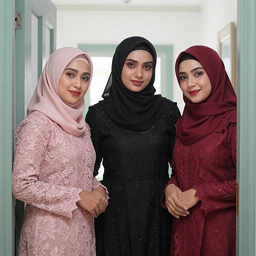 Three Women in Colorful Lace Hijabs