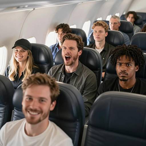 Group of Diverse Passengers in Airplane Cabin