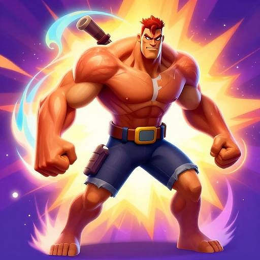 Muscular, red-haired man with glowing aura, blue shorts, and belt, standing powerfully, fists clenched, fiery explosion behind, digital anime