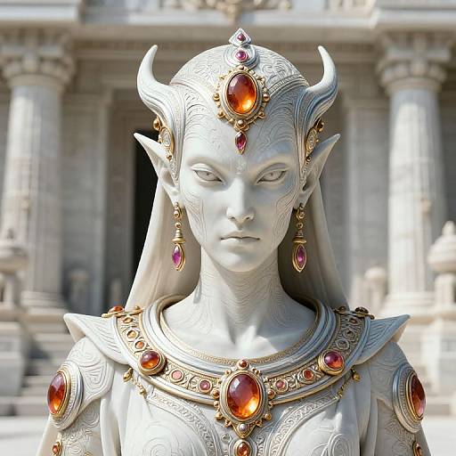Photorealistic digital artwork of a white, horned, elven statue with pointed ears, wearing ornate gold jewelry with red gemstones, set