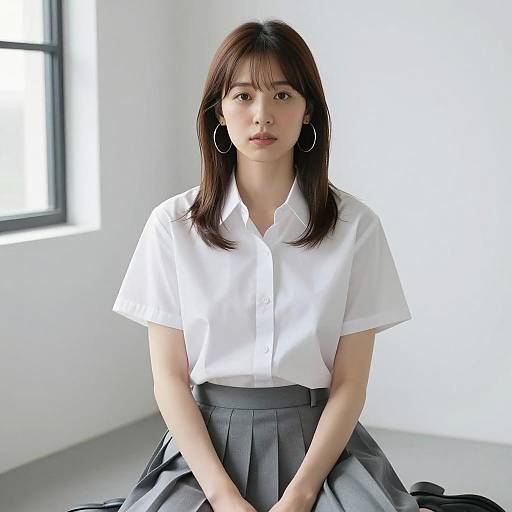 Asian Woman Sitting Indoors in Casual White Shirt and Gray Skirt