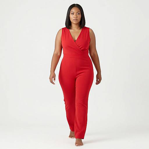 Photograph of a plus-sized woman with straight black hair wearing a sleeveless, deep V-neck red jumpsuit, walking confidently against a white background.