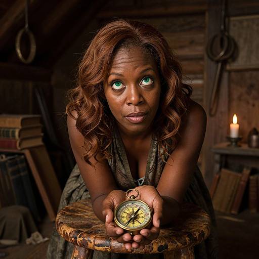 Photograph of a dark-skinned woman with curly brown hair, green eyes, and a focused expression, holding a vintage compass in a dimly lit