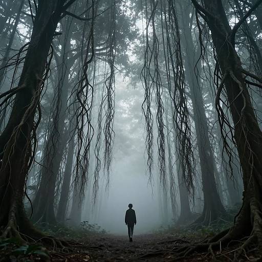 Silhouetted figure walking down misty, eerie forest path with tall, hanging tree branches framing a foggy, ethereal background. Photographic