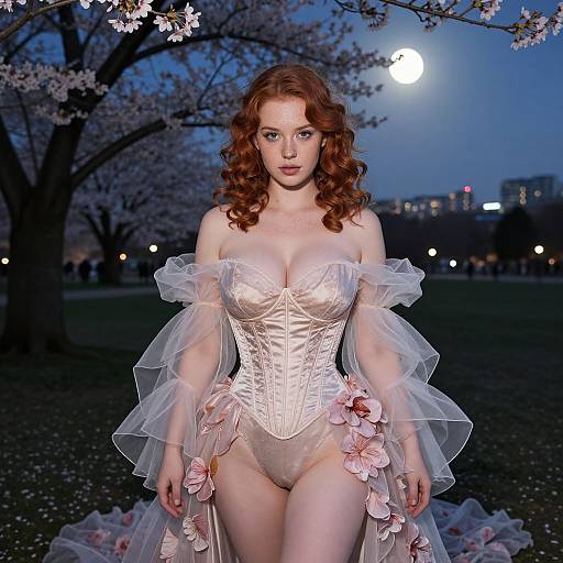 Photograph of a red-haired woman with curly hair, wearing a sheer, floral-embellished corset and transparent sleeves, standing in a moon