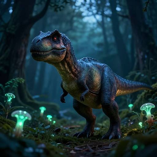 Photorealistic CGI of a glowing, blue-green, dinosaur with red eyes standing in a dark, enchanted forest illuminated by bioluminescent mushrooms.