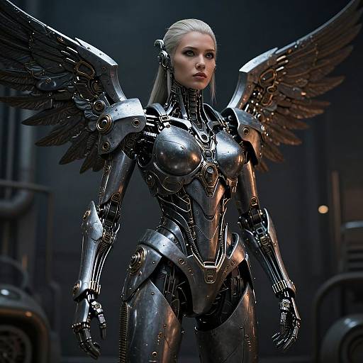 CGI image of a blonde, silver-winged, futuristic robotic woman with a sleek, metallic body and intricate mechanical details in a dark, industrial setting