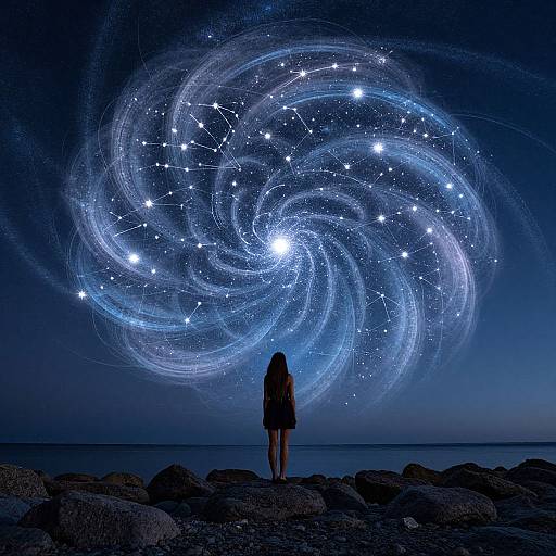Silhouetted girl gazes at a glowing, swirling galaxy of blue and white stars over a calm ocean, surrounded by rocks. Digital art.