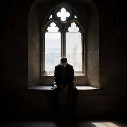 Photograph of a silhouetted man in a suit sitting in front of a brightly lit, arched window in a dark, stone-walled