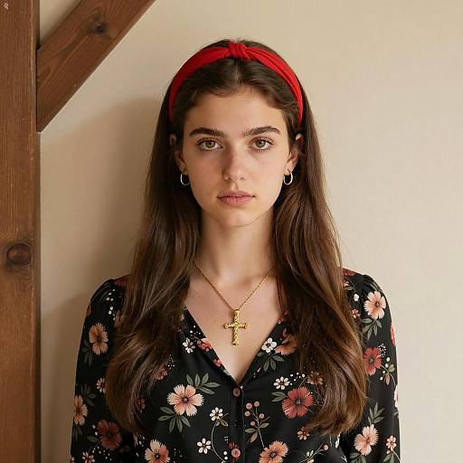 Young Woman with Red Headband and Floral Blouse