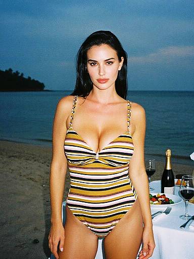 Photograph of a dark-haired woman in a striped yellow, black, and white bikini standing on a beach at twilight, with a table holding wine,