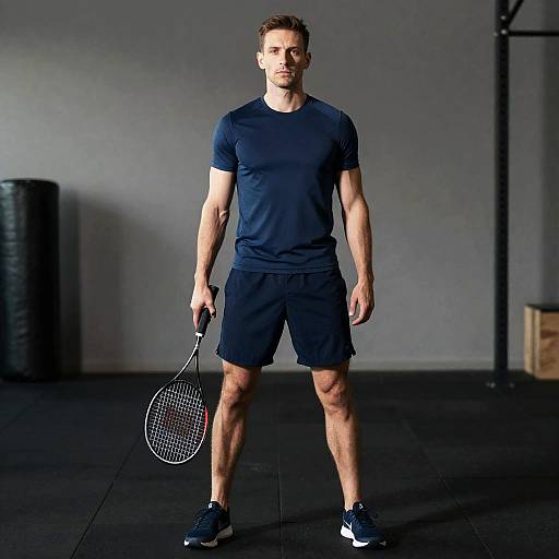 Man in Gym Yoga Outfit with Racket
