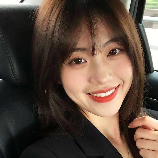 Close-up photograph of a smiling young Asian woman with straight brown hair, wearing red lipstick and a black blazer, seated in a car.