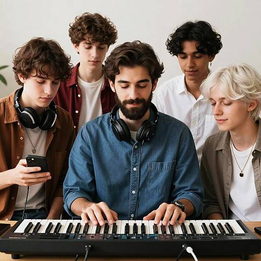 Group of Young Men with Keyboard and Headphones