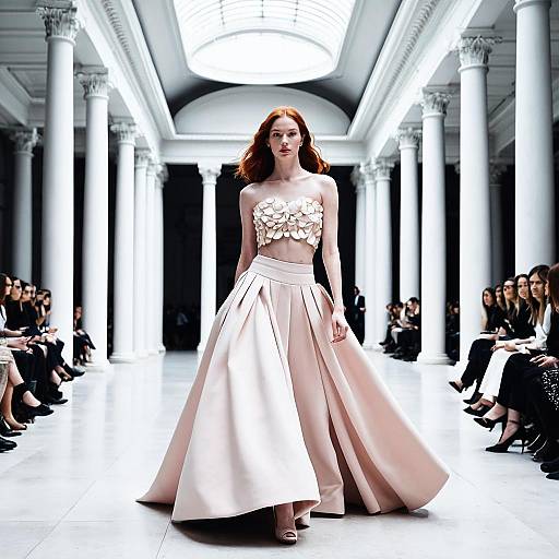 Redhead Model Wearing Pale Blush Pink Couture Gown on Runway