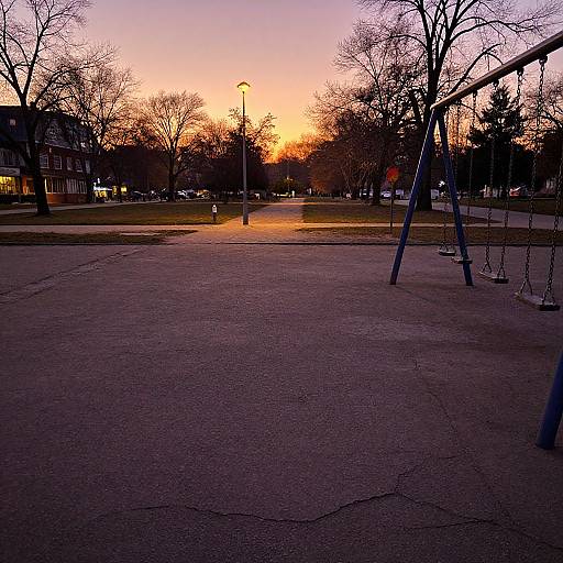 Photograph of an empty park at sunset, with a purple and orange sky, bare trees, a cracked concrete playground, and a swing set on the