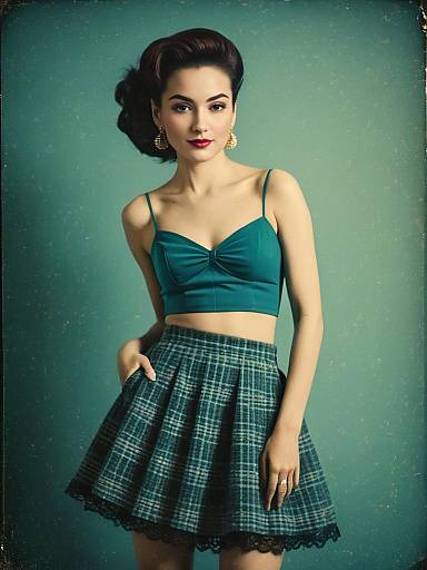 Retro Style Woman in Teal Crop Top and Plaid Skirt