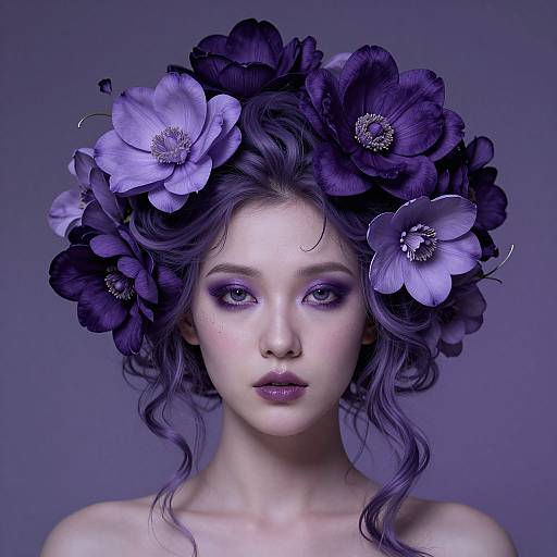 Photograph of a pale-skinned woman with purple hair, wearing a floral crown of dark purple and lavender flowers, against a solid purple background. She