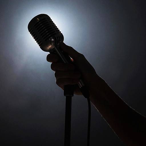 Silhouetted hand holding vintage microphone against bright spotlight background, creating a dramatic, moody stage effect. Photograph.