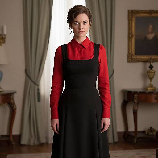 Photograph of a serious-faced woman with brown hair in a black pinafore over a red blouse, standing in a classical room with drapes and