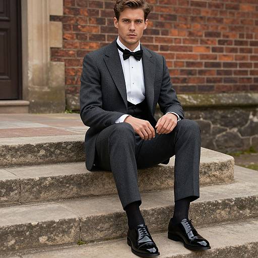 Photograph of a young, handsome man with short brown hair, sitting on stone steps in a black tuxedo, white shirt, black bow tie