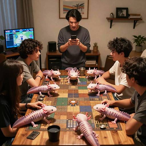 Photograph of six Asian teenagers playing a board game with pink-striped fish figurines in a warmly lit living room. One stands, photographing the game