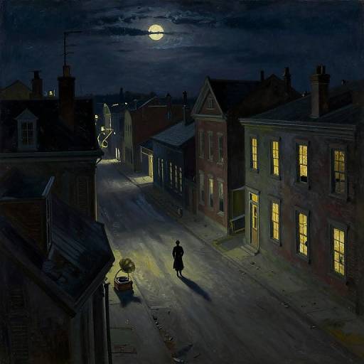 Nighttime street scene with full moon, dark blue sky, illuminated windows, lone person walking, parked car, shadowed buildings, and streetlights.