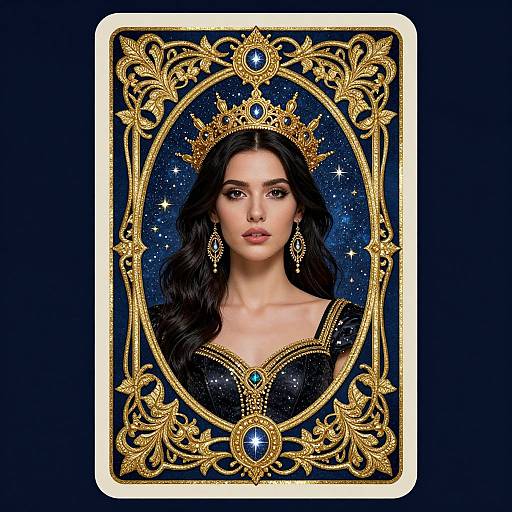 Digital portrait of a dark-haired woman with a golden crown, diamond earrings, and black gown with blue gem accents, framed in an ornate gold oval