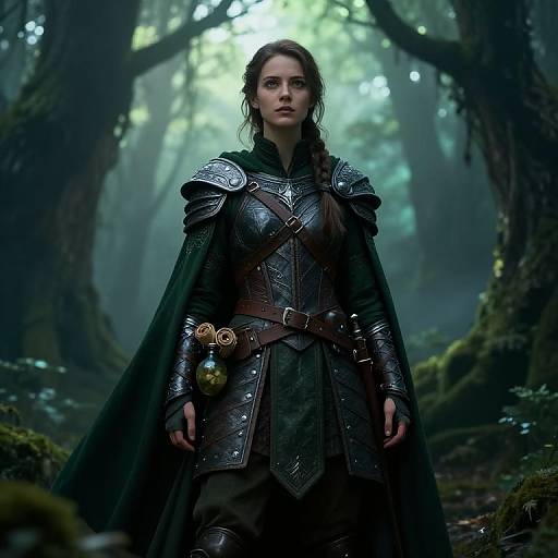 Digital artwork of a serious, armored woman with braided hair standing in a misty forest, wearing dark steel armor and a green cloak. Moody,